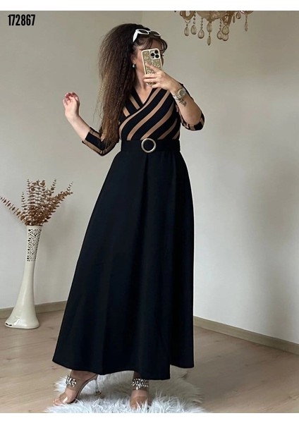 Kadın Çizgi Detay Kruvaze Yaka Maxi Boy Triko Elbise Son Görsel Hediye indirimleri