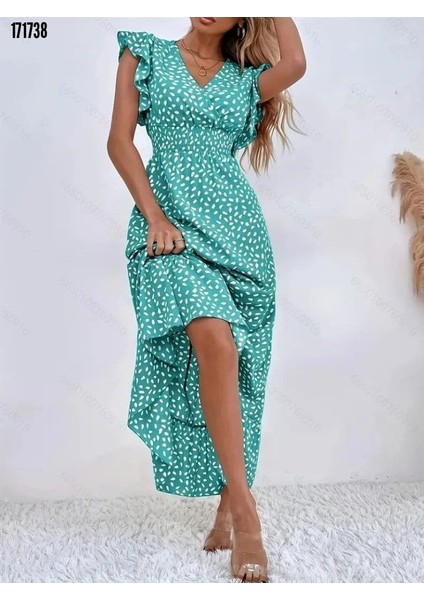 Kadın Kısa Kollu Kruvaze Yaka Beli Lastikli Çiçek Desenli Elbise Son Görsel Hediye