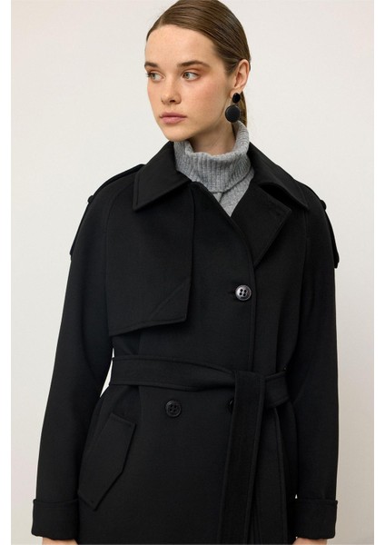 Reglan Kol Apolet ve Pelerin Detaylı Kaşmir Kaban Siyah 3131 modelleri