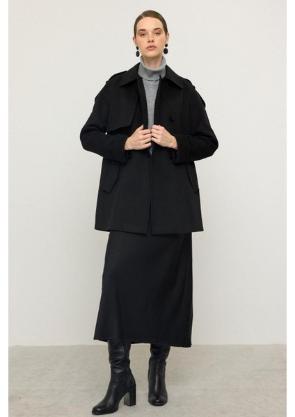 Reglan Kol Apolet ve Pelerin Detaylı Kaşmir Kaban Siyah 3131 fırsatları