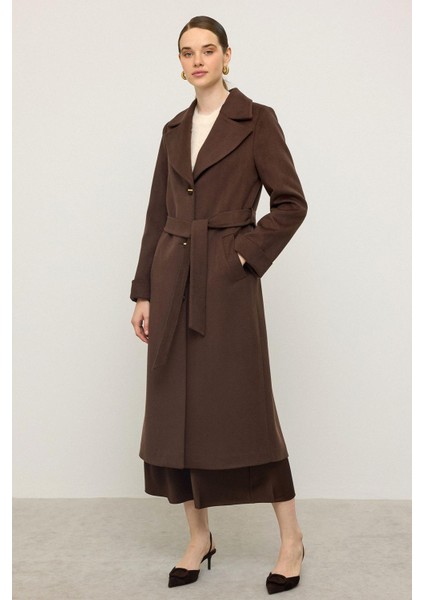 Balıksırtı Jakar Desenli Belden Bağlamalı Limited Edition Kaban Kahve 3136