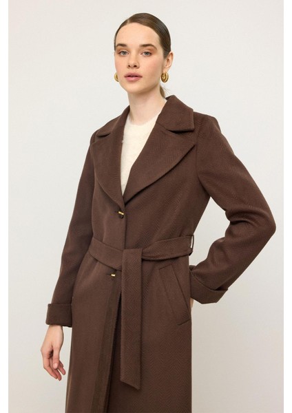 Balıksırtı Jakar Desenli Belden Bağlamalı Limited Edition Kaban Kahve 3136 fırsatları