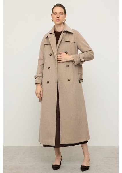 Reglan Kol Pelerin Detaylı Uzun Moher Kaban Kum 3144