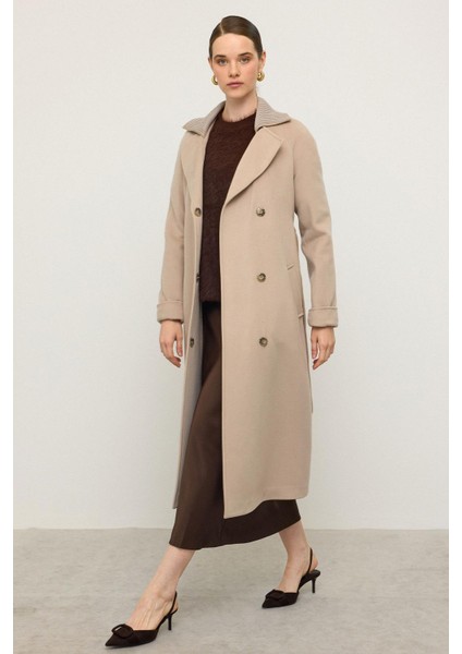 Triko Yakalı Reglan Kol Kaşmir Kaban Bej 3099