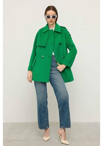 Reglan Kol Apolet ve Pelerin Detaylı Kaşmir Kaban Açık Yeşil 3131