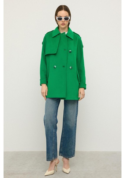 Reglan Kol Apolet ve Pelerin Detaylı Kaşmir Kaban Açık Yeşil 3131 modelleri