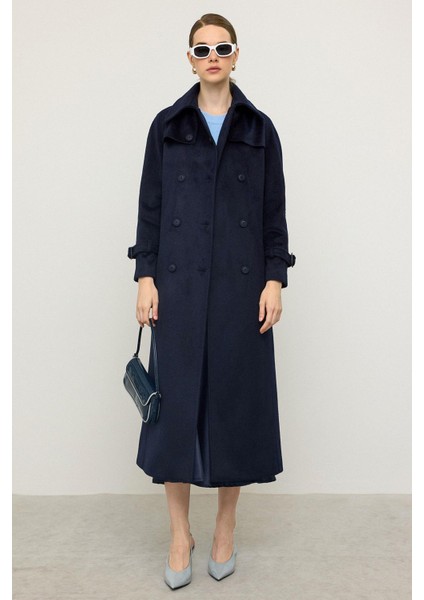 Reglan Kol Pelerin Detaylı Uzun Moher Kaban Lacivert 3144