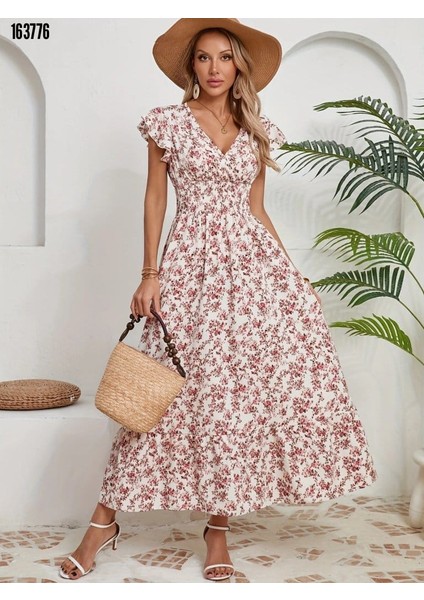 Kadın Kısa Kollu Kruvaze Yaka Beli Lastikli Çiçek Desenli Elbise Son Görsel Hediye
