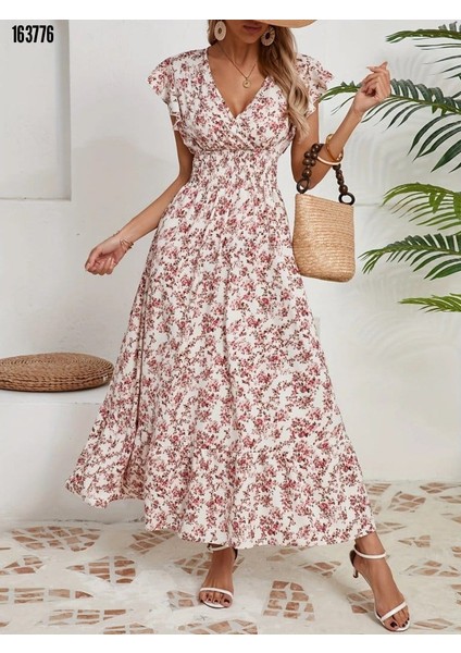 Kadın Kısa Kollu Kruvaze Yaka Beli Lastikli Çiçek Desenli Elbise Son Görsel Hediye fiyatları