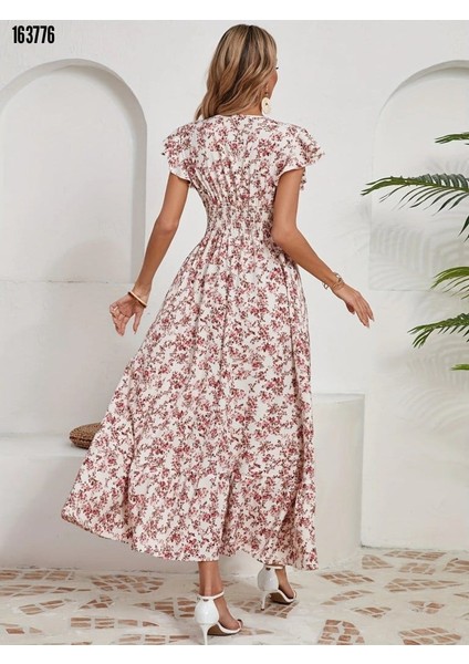 Kadın Kısa Kollu Kruvaze Yaka Beli Lastikli Çiçek Desenli Elbise Son Görsel Hediye modelleri