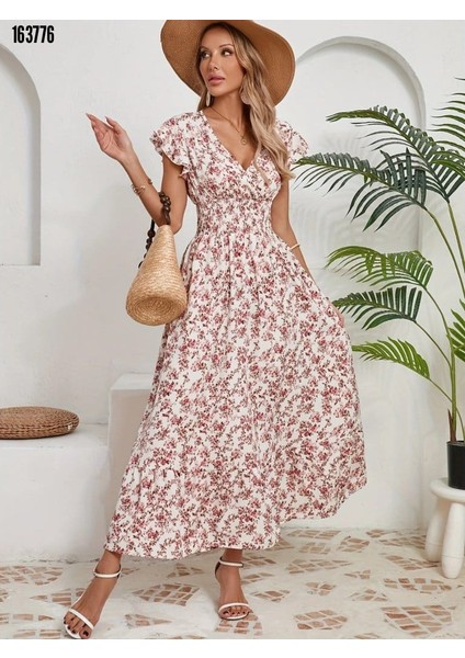 Kadın Kısa Kollu Kruvaze Yaka Beli Lastikli Çiçek Desenli Elbise Son Görsel Hediye fırsatları