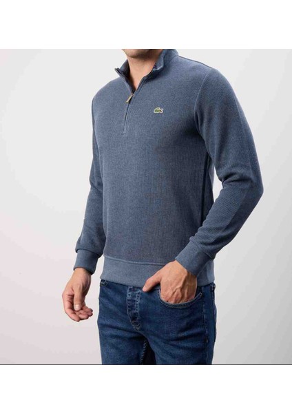 Fermuar Yaka Slim Fit Indıgo Trıko