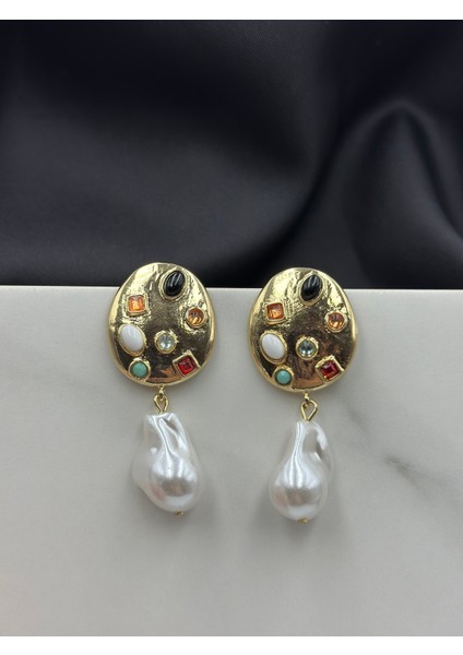 Gold Rengarenk Taş Detaylı Palet Tasarım Incili Marka Model Sallantılı Küpe fiyatları