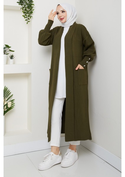 Kadın Kolu Düğmeli Şal Yaka Çelik Örgü Triko Hırka -PMK448