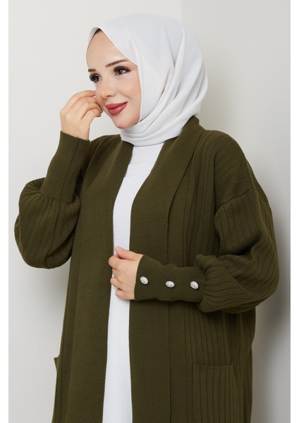 Kadın Kolu Düğmeli Şal Yaka Çelik Örgü Triko Hırka -PMK448 fırsatları