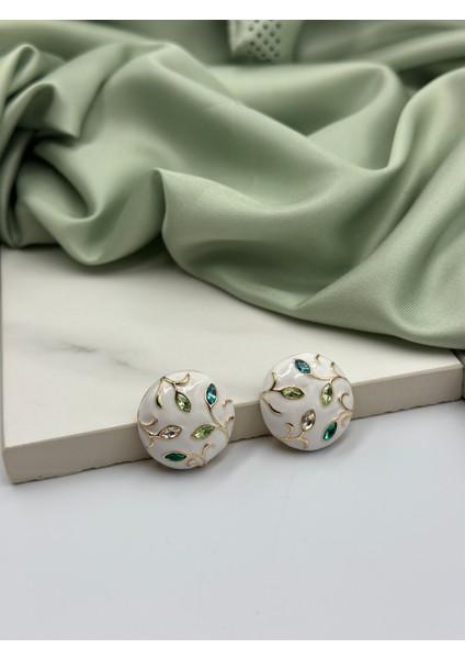 Beyaz Mineli Yeşil Tonları Zirkon Taşlı Bahar Dalı Konseptli Tasarım Küpe