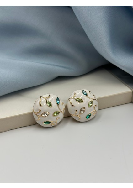 Beyaz Mineli Yeşil Tonları Zirkon Taşlı Bahar Dalı Konseptli Tasarım Küpe fiyatları