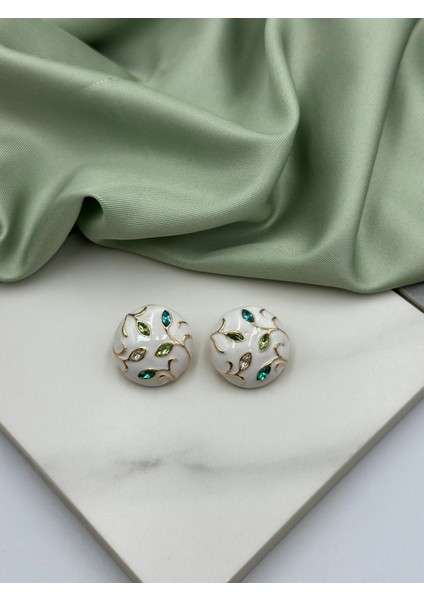 Beyaz Mineli Yeşil Tonları Zirkon Taşlı Bahar Dalı Konseptli Tasarım Küpe modelleri