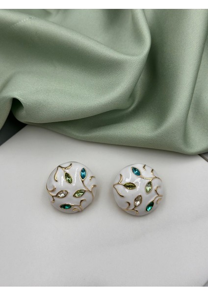 Beyaz Mineli Yeşil Tonları Zirkon Taşlı Bahar Dalı Konseptli Tasarım Küpe fırsatları