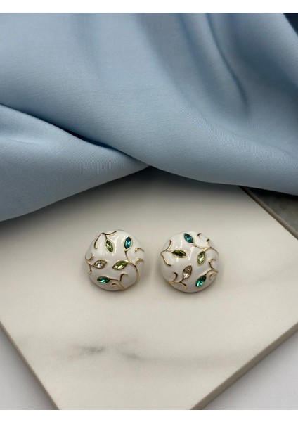 Beyaz Mineli Yeşil Tonları Zirkon Taşlı Bahar Dalı Konseptli Tasarım Küpe indirimleri