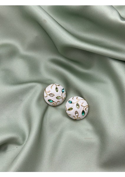 Beyaz Mineli Yeşil Tonları Zirkon Taşlı Bahar Dalı Konseptli Tasarım Küpe