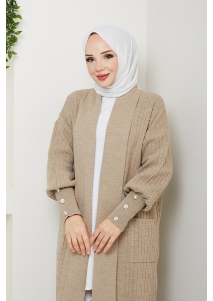 Kadın Kolu Düğmeli Şal Yaka Çelik Örgü Triko Hırka -PMK448