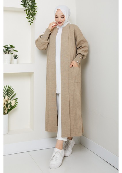 Kadın Kolu Düğmeli Şal Yaka Çelik Örgü Triko Hırka -PMK448 fırsatları