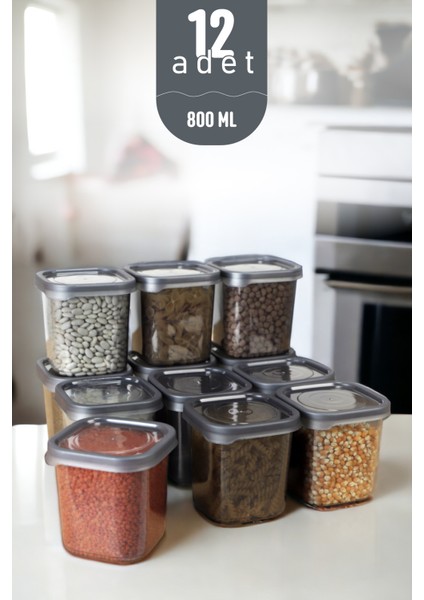 İronika Kaşıklı Kapaklı Erzak Bakliyat Saklama Kabı Kare Saklama Kutusu Seti 12 Adet 800 ML