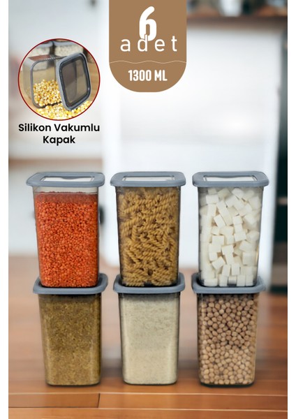 İronika Kaşıklı Kapaklı Erzak Bakliyat Saklama Kabı Kare Saklama Kutusu Seti 6 Adet 1300 ML