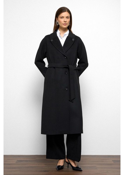 Punto Dikiş Detaylı Arkası Plikaşeli Ara Boy Kaşmir Kaban Siyah 3113