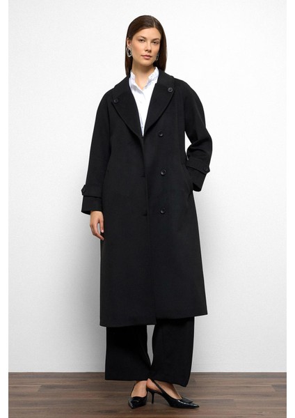Punto Dikiş Detaylı Arkası Plikaşeli Ara Boy Kaşmir Kaban Siyah 3113 fırsatları