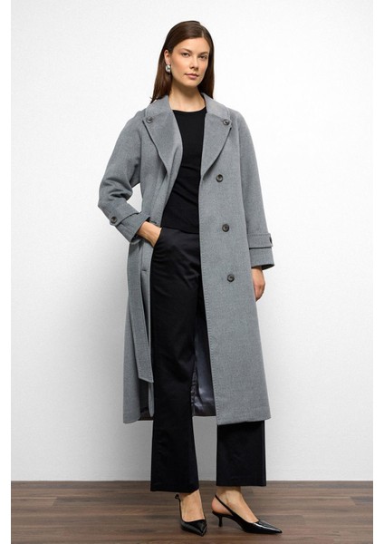 Punto Dikiş Detaylı Arkası Plikaşeli Ara Boy Kaşmir Kaban Koyu Gri 3113