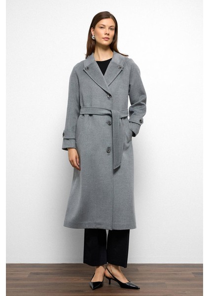 Punto Dikiş Detaylı Arkası Plikaşeli Ara Boy Kaşmir Kaban Koyu Gri 3113 modelleri