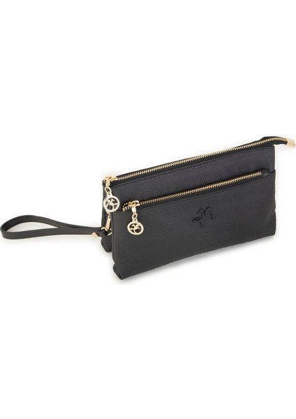1055 Kadın Çapraz ve Clutch Çanta Bilek ve Çapraz Askılı Çanta Siyah Baskılı