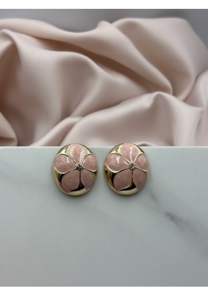 Pembe Çiçekli Mineli Zirkon Tek Taşlı ve Gold Altın Detaylı Tasarım Küpe