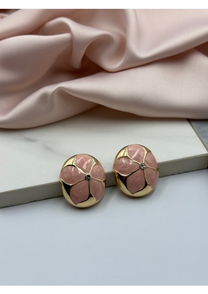 Pembe Çiçekli Mineli Zirkon Tek Taşlı ve Gold Altın Detaylı Tasarım Küpe fiyatları