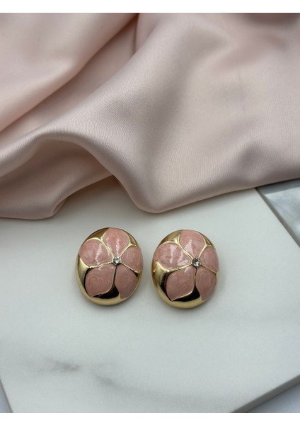 Pembe Çiçekli Mineli Zirkon Tek Taşlı ve Gold Altın Detaylı Tasarım Küpe modelleri