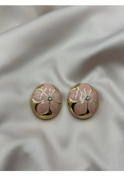 Pembe Çiçekli Mineli Zirkon Tek Taşlı ve Gold Altın Detaylı Tasarım Küpe indirimleri