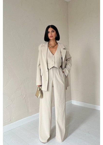 Bej Klas Ceket ve Yelek ve Pantolon Takım