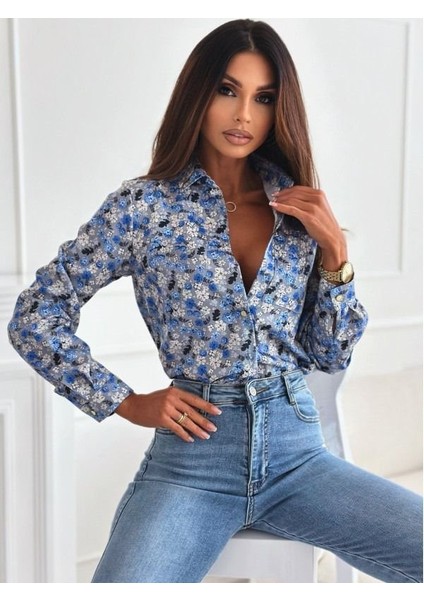 Kadın Uzun Kol Cep Detay Çiçek Baskılı Mosskrep Kumaş Gömlek