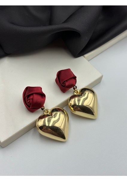 Bordo Gül Tasarım Altın Gold Kalpli Sanllatınlı Marka Model Şık Küpe