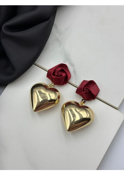 Bordo Gül Tasarım Altın Gold Kalpli Sanllatınlı Marka Model Şık Küpe fiyatları