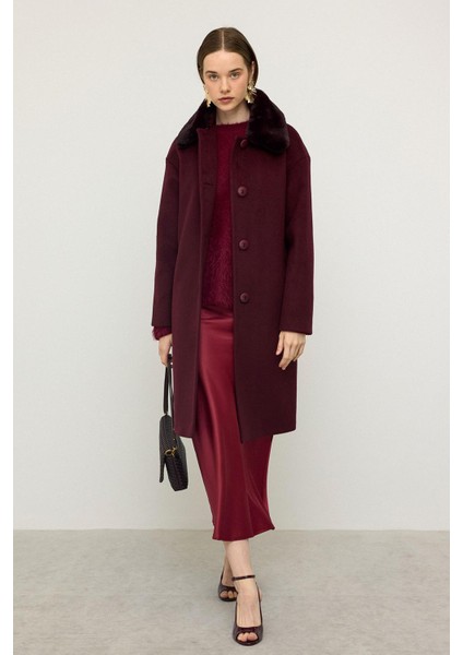 Çıkabilir Kürklü Düşük Kol Büyük Beden Kaban Mürdüm 3089