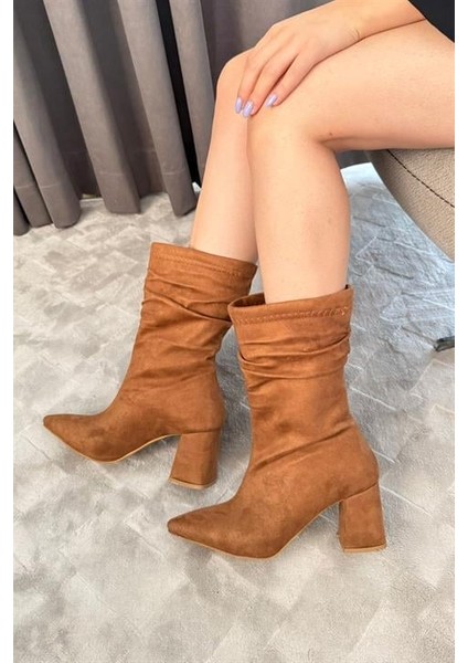 Kadın Nomire Taba Süet Büzgülü Sivri Burun Kalın Topuklu Bot modelleri