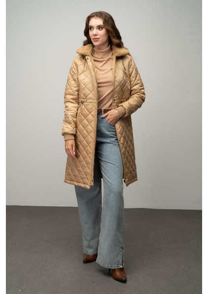 Çıkabilir Kapüşonlu Yakası Kürk Detaylı Kapitone Mont Kamel 6624 fırsatları