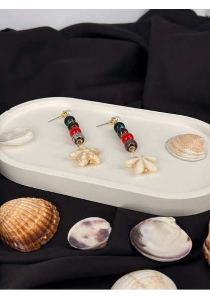 Renkli Taşlı Deniz Yıldızı Figürlü Konseptli Marka Model Sallantılı Tasarım Küpe