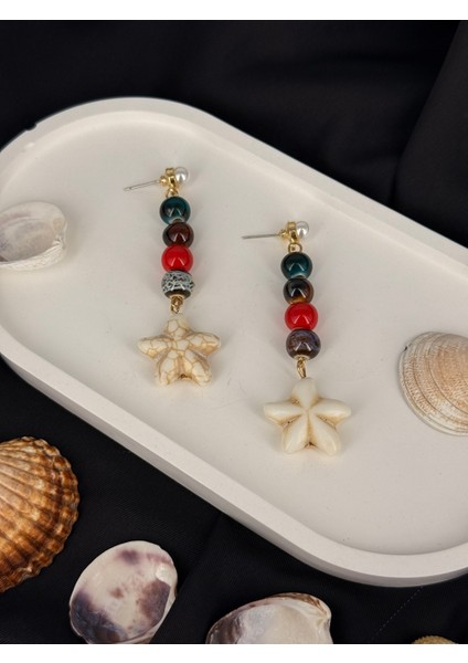 Renkli Taşlı Deniz Yıldızı Figürlü Konseptli Marka Model Sallantılı Tasarım Küpe fiyatları