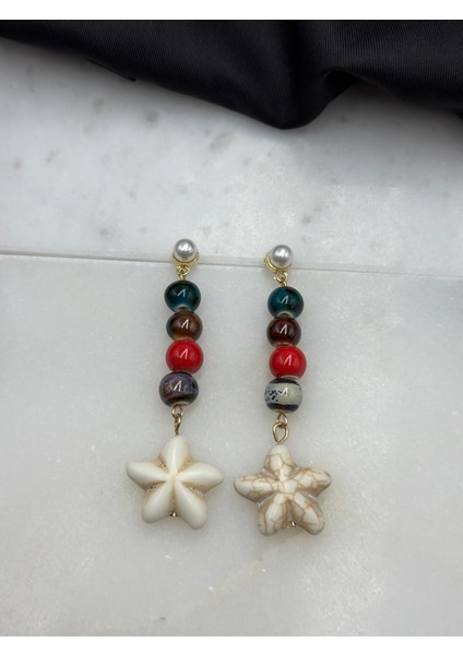 Renkli Taşlı Deniz Yıldızı Figürlü Konseptli Marka Model Sallantılı Tasarım Küpe modelleri