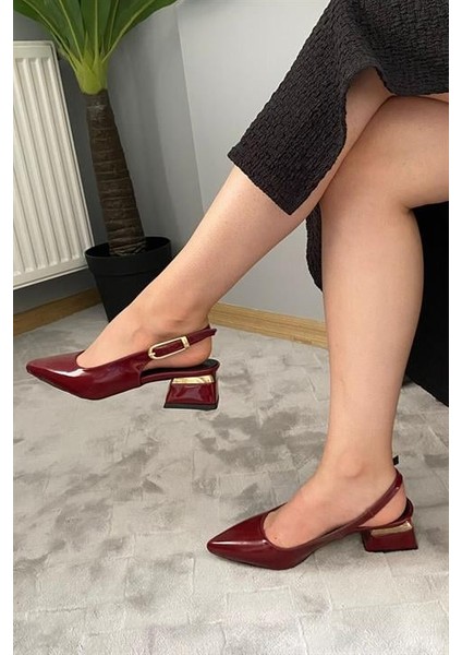 Kadın Bordo Rugan Arkası Acık Sivri Burun 4 cm Kalın Topuklu Ayakkabı