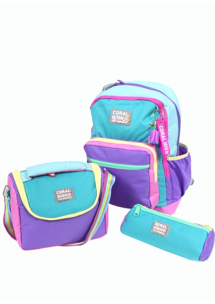 Ch 23759 Turkuaz - Renkli Şeritler - 3' Lü Okul Çantası Seti - Sırt ve Beslenme Çantası + Kalemlik